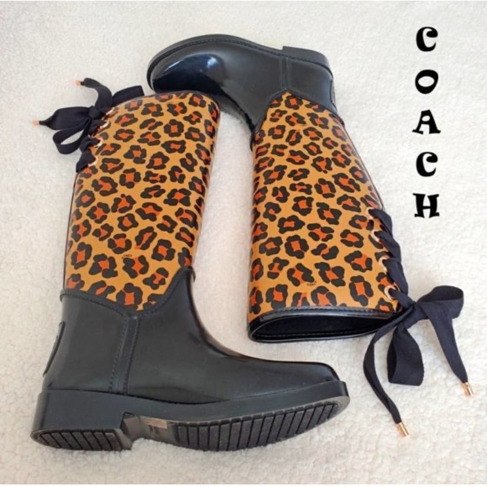 Sz 7.5/38 EUR Coach tristee lace up leopard animal print rain snow boots